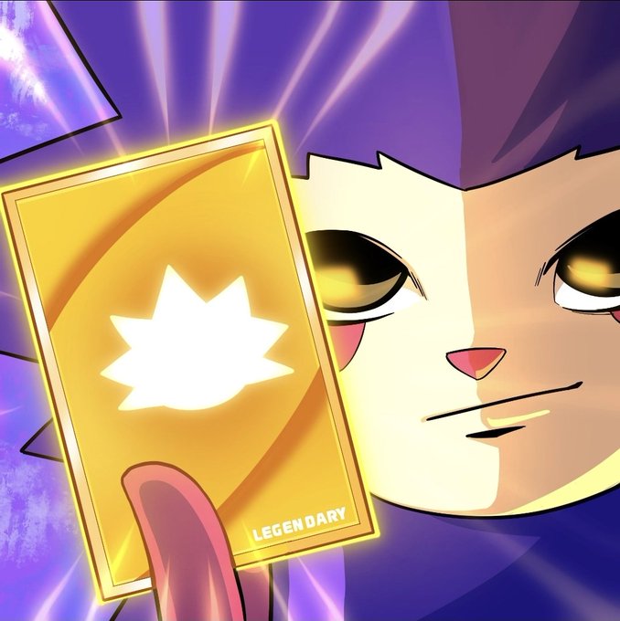 A confident cartoon cat holds up a glowing gold "LEGENDARY" card with a star symbol, set against a vibrant purple background with light rays, visually representing the excitement and rarity of snagging a whitelist (WL) spot for the @ChogNFT free mint.