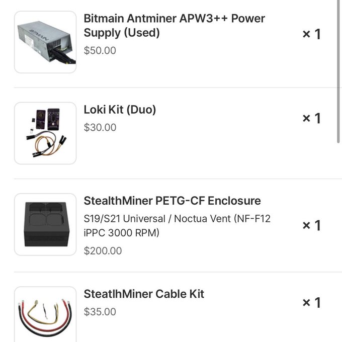 A shopping cart screenshot shows mining equipment for sale: a Bitmain Antminer APW3++ Power Supply (Used) for $50.00, a Loki Kit (Duo) for $30.00, a StealthMiner PETG-CF Enclosure (S19/S21 Universal / Noctua Vent NF-F12 iPPC 3000 RPM) for $200.00, and a StealthMiner Cable Kit for $35.00.