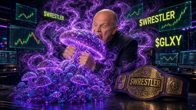 A bald man in a black suit yells while breaking through purple glowing mushrooms, with 'WRESTLER' text and stock charts displayed, alongside a championship belt reading '$WRESTLER'.