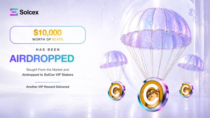 A promotional graphic from SolCex announces that **$10,000 worth of $CATC (Scatty)** has been airdropped to SolCex VIP Stakers, featuring purple-illuminated parachutes carrying branded coins alongside text declaring "Bought From the Market and Airdropped to SolCex VIP Stakers" as part of their exclusive VIP rewards program.