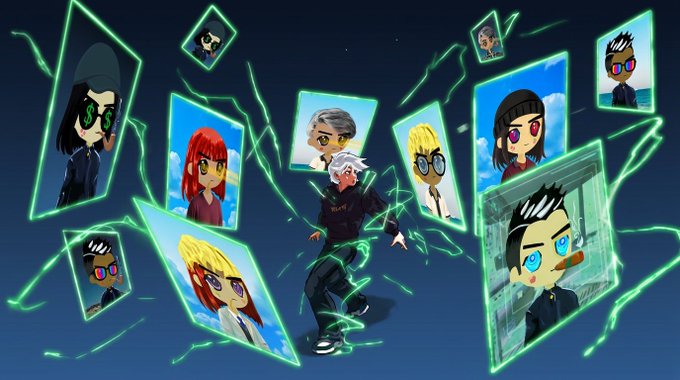 An illustration featuring a white-haired character surrounded by floating anime-style character portraits and green lightning effects on a dark background.