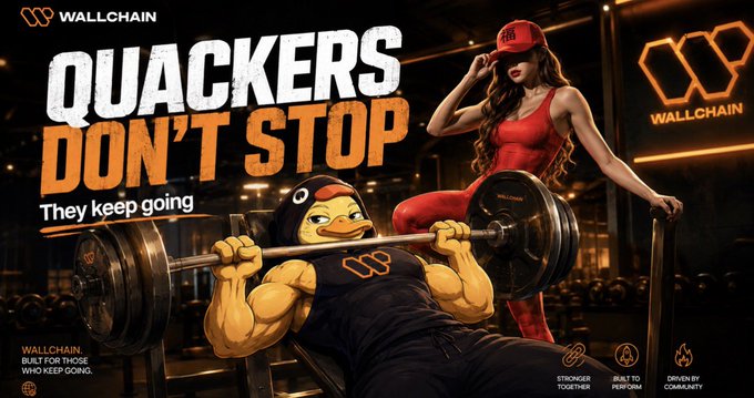 The image features a poster with an illustration of a duck lifting weights at a gym. The text on the poster encourages people to "Quackers don't stop. They lift through red candles. They farm through quiet timelines. They show up when everyone else disappears. That's how real communities are built: not by hype, but by reps." The image is related to the post because it promotes the idea of using social media and online platforms for building a community or supporting a cause, just like Quackers lifting weights at the gym.