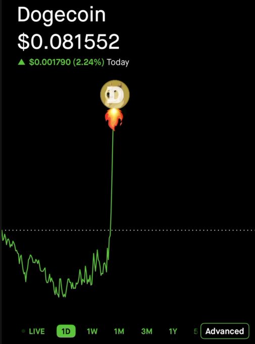 A dark cryptocurrency chart shows “Dogecoin” priced at “$0.081552,” up “$0.001790 (2.24%) Today,” with a green line graph and controls labeled “LIVE,” “1D,” “1W,” “1M,” “3M,” “1Y,” and “Advanced.”
