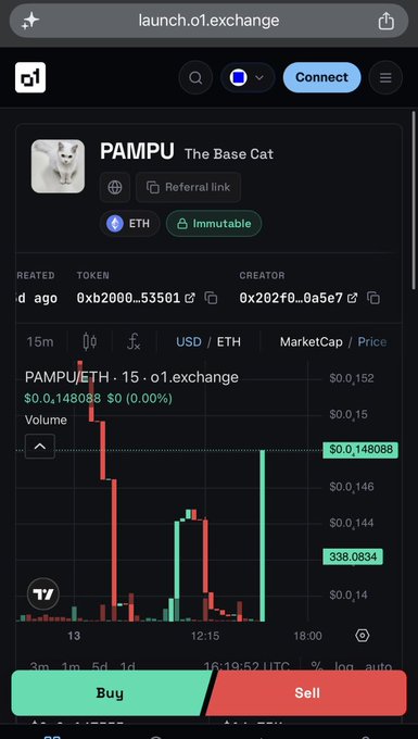 A screenshot of the launch.o1.exchange platform displaying the "PAMPU" token (The Base Cat) trading on Base, with a price chart showing PAMPU/ETH at $0.148088 and a USD price of $0.152, supporting the post's announcement about a $7,000 giveaway for holders of 3M+ PAMPU tokens.