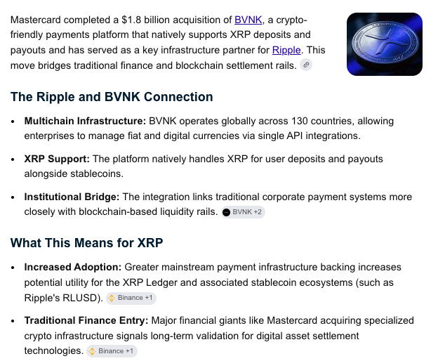 The image displays an article snippet announcing Mastercard's $1.8 billion acquisition of BVNK, a crypto-friendly payments platform supporting XRP deposits and payouts, with key sections highlighting the Ripple/BVNK connection and implications for XRP adoption.