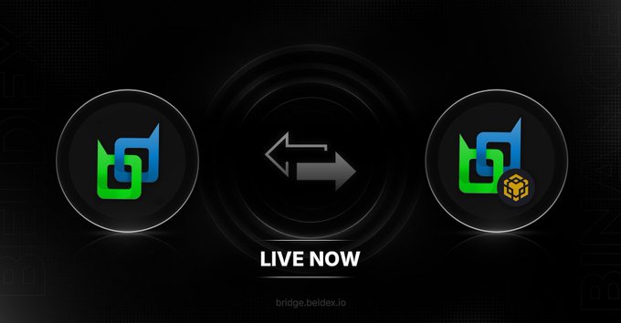 A promotional graphic with a black background shows two circular icons connected by arrows, with the text 'LIVE NOW' and 'bridge.beidex.io' at the bottom.