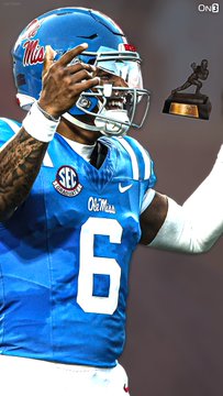 Ole Miss quarterback Trinidad Chambliss, wearing jersey number 6, points skyward in celebration as he is now the Heisman Trophy favorite with 27% odds on Polymarket.