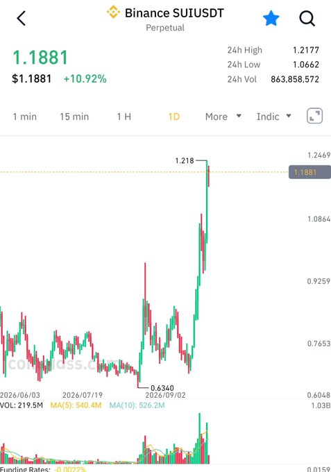 Binance SUI/USDT perpetual chart showing SUI surging 10.92% to $1.1881 with a 24h high of $1.2177, visually supporting the post's claim of a sharp bullish move and "SUI season" gaining momentum.