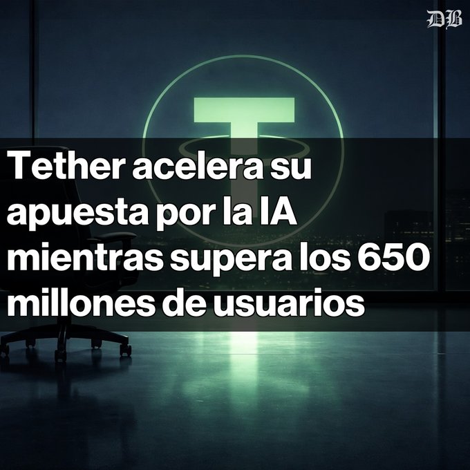 Article graphic with Spanish text reading 'Tether acelera su apuesta por la IA mientras supera los 650 millones de usuarios' overlaid on an image of a Tether logo glowing green above a city at night.
