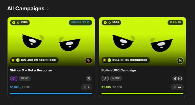 The image shows a dashboard titled "All Campaigns 2" featuring two USDC-funded meme campaigns tagged "BULLISH ON ROBINHOOD": one for "Shill on X + Get a Response" at $1,000/$1,000 (0 participants) and a "Bullish UGC Campaign" at $1,485/$1,500 (19 participants). Together these total $3,500, matching the poster's "$3.5k campaign" reference.