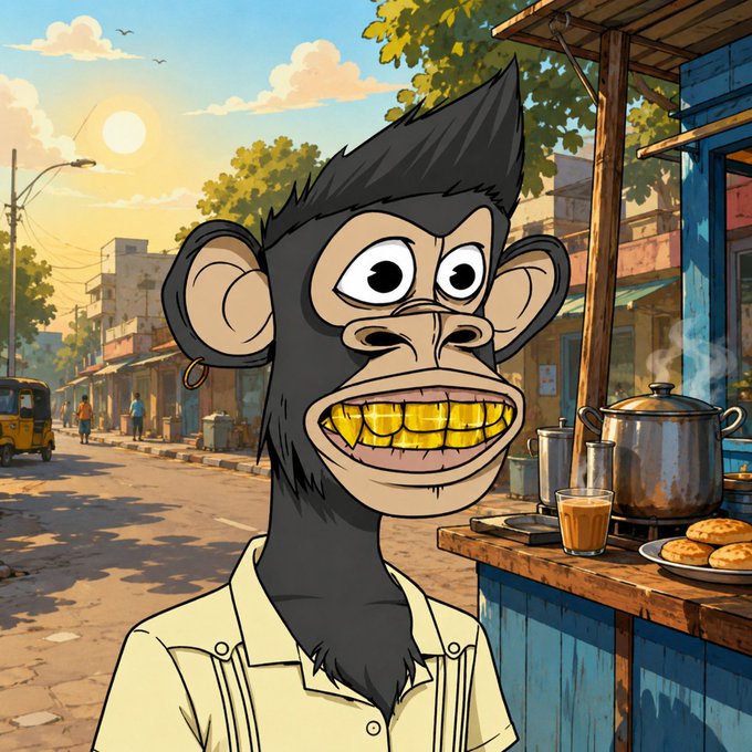 A cartoon-style illustration of a black gorilla with gold teeth wearing a white shirt, standing in an Indian street scene at sunset with a tea stall selling chai and biscuits.