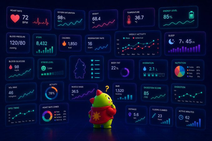 Identical futuristic health dashboard showing vital signs and fitness metrics with the same green cartoon character at the center.