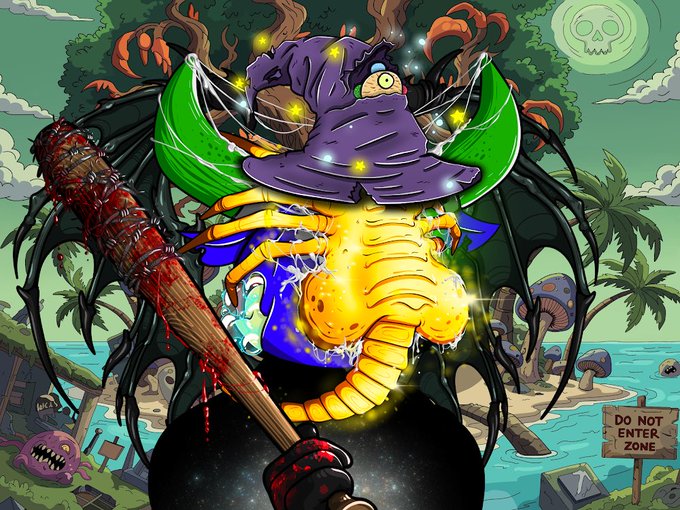 A colorful fantasy illustration showing a witch riding a glowing yellow seahorse-like creature while holding a bloody baseball bat, set in a tropical landscape with a skull moon and a 'DO NOT ENTER ZONE' sign.