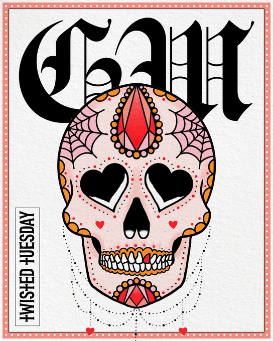 A poster titled 'Clair' features a sugar skull design with heart-shaped eyes, decorative jewels, and heart patterns, with the text 'TWISTED TUESDAY' printed vertically on the left side.