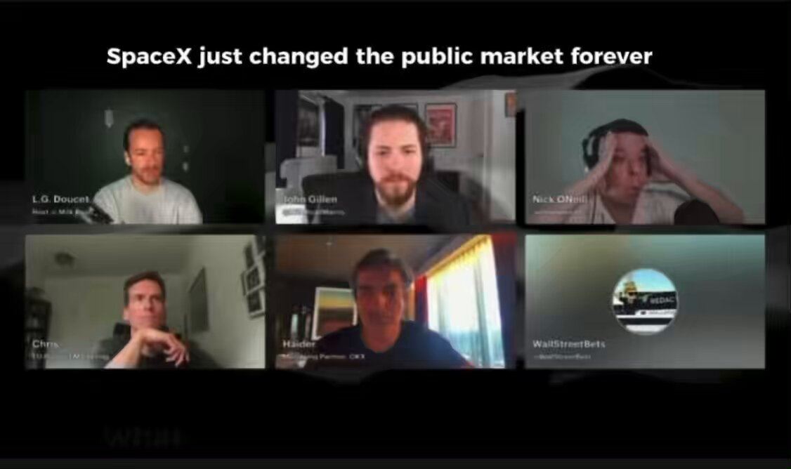 A group of people are participating in a virtual meeting or conference call, with their faces displayed on multiple screens as they engage in a panel discussion about an initial public offering (IPO) for a company called SpaceX. Each individual has a unique position in the conversation and is shown holding different types of cameras to capture their thoughts effectively during this gathering. The focus seems to be on various aspects related to the SpaceX IPO, such as its future impact on the public market and potential opportunities or challenges that might arise.