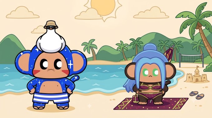 Two cartoon monkey characters from the Chimpers NFT collection enjoy a sunny beach scene, with one wearing a blue starry hoodie and sailor hat while the other lounges on a towel in a swimsuit and sun hat, perfectly capturing the post's message of Mr. Quack heading to the beach for a great weekend.