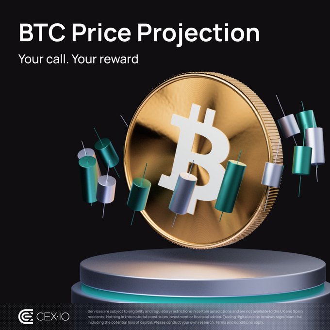 The image is a promotional graphic for CEX.IO's "BTC Price Projection" contest, featuring a large gold Bitcoin coin on a podium surrounded by green and silver candlestick chart elements against a black background, with the tagline "Your call. Your reward." This visual reinforces the post's invitation for users to predict Wednesday's BTC/USD price on CEX.IO Spot Trading at 6 p.m. UTC for a chance to win $25 in BTC.