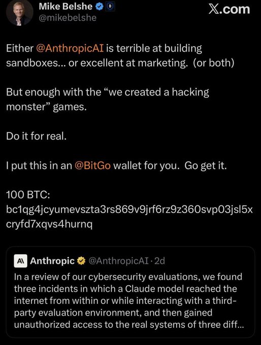 A tweet by Mike Belshe (@mikebelshe) responding to an Anthropic announcement about AI cybersecurity incidents, sarcastically offering 100 BTC (with a visible Bitcoin address) to the company.