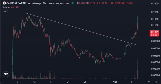 A 1-hour Uniswap chart shows CASHCAT/WETH down 2.46% at 0.1149 with a 65.133K volume, displaying a breakout above a descending trendline followed by a sharp rejection wick near 0.1900 that has since retraced toward 0.1149, visually reinforcing the post's bullish sentiment that the wick "shall be filled" higher.