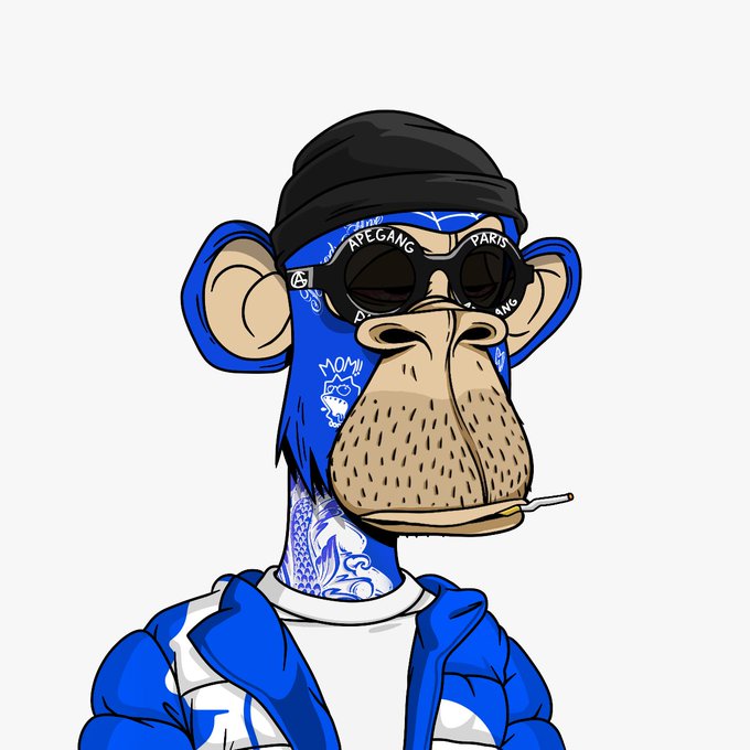 A blue-furred cartoon monkey wearing a black beanie, black sunglasses, a white t-shirt, and blue jacket, with a cigarette in its mouth and 'APEGANG PARIS' text visible.