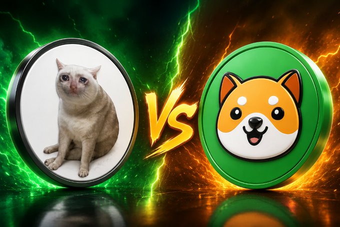 Dramatic showdown graphic between two meme coins: a cat on a silver disc vs. a Shiba Inu on a green disc, with 'VS' in the center.
