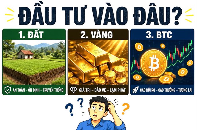 A Vietnamese infographic asking 'ĐẦU TƯ VÀO ĐÂU?' (Where to invest?) comparing three options: 1. ĐẤT (Land - safe/stable/traditional), 2. VÀNG (Gold - valuable/protective/hedge), and 3. BTC (Bitcoin - risky/high return/future).