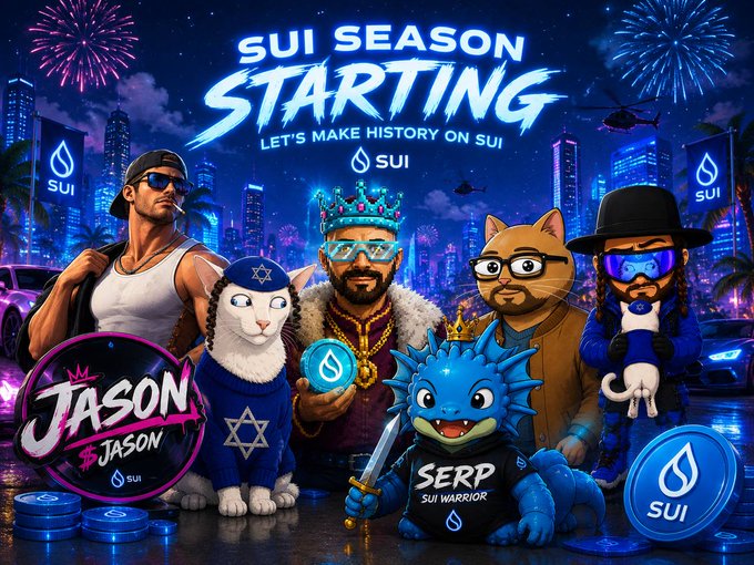 A neon-lit "SUI SEASON STARTING - LET'S MAKE HISTORY ON SUI" banner crowns a lineup of mascots (Croc-SERP, SUICAT, JEWCAT, JUI, and more) and characters holding SUI coins, promoting the $SUI ecosystem tokens ($SERP, $CULTURE, $JASON, $SUICAT, $JEWCAT, $JUI, $DOZY) listed in the post.
