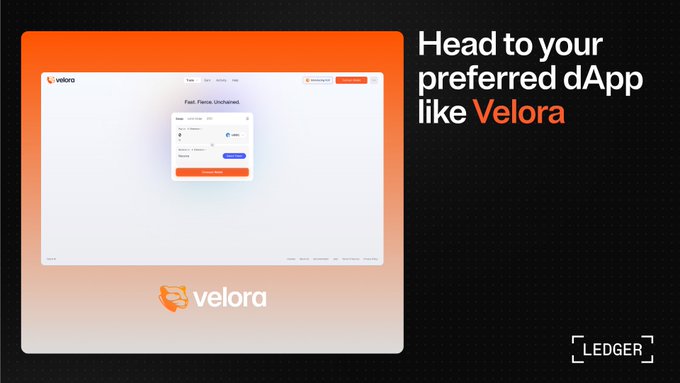 A Ledger advertisement showing the Velora dApp interface with text 'Head to your preferred dApp like Velora.'