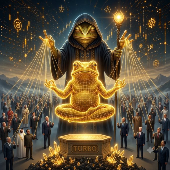 A digital artwork depicting a hooded frog figure and a meditating golden frog with the word 'TURBO' on a pedestal, surrounded by people.