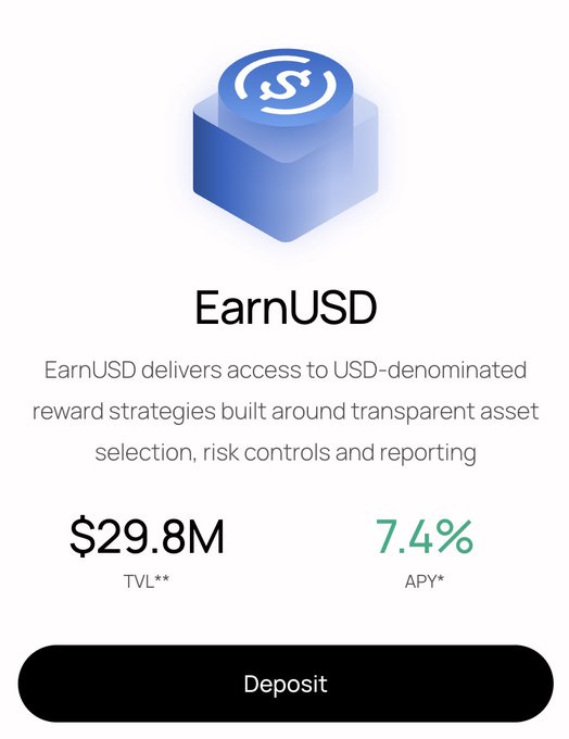 The image shows an EarnUSD investment card displaying $29.8M TVL and 7.4% APY, with a Deposit button, promoting it as a USD-denominated reward strategy platform offering competitive yield on stablecoins like USDC and USDT.