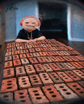 A baby with a red headband and gold chain grins behind a large grid of domino-shaped tiles arranged on a table, with the watermark "jbn" in the upper corner. The playful image pairs with the post's message about "undeniable proof of work," humorously suggesting that showing up and stacking results—like these tiles—over time is the real meta, tagging @GoingParabolic, @Ezz_Wins, @AlchemistTheOG, and @rekt_tekashi.