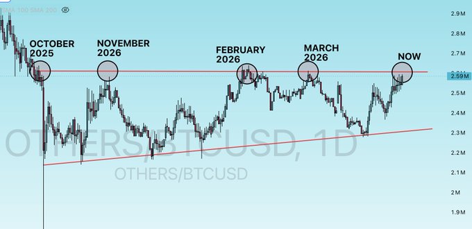The image features a line graph comparing the performance of two cryptocurrencies, Bitcoins (BTC) and altcoins (ALTCOINS). It displays the Bitcoin price over time against the altcoin price from October to May of the same year. The image also includes an overlay of red circles representing the closing prices of these altcoins for each day in the period. The x-axis shows the dates, while the y-axis represents the prices in USD. There is a notable rise and fall within this graph with Bitcoin consistently outperforming altcoins over time, indicating that altcoins are likely to break out later than Bitcoins.