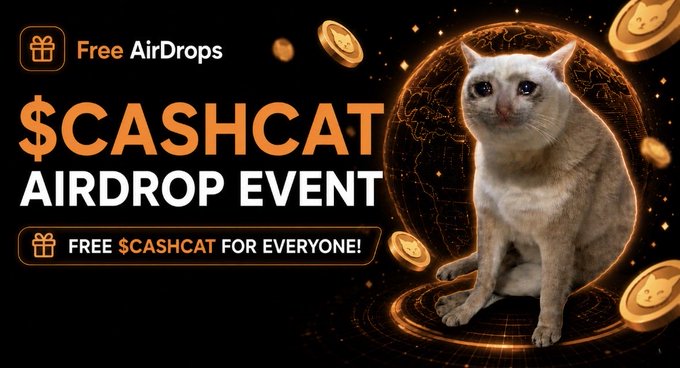 The image is a promotional graphic for the "$CASHCAT Airdrop Event," featuring a white cat wearing a gold chain against a glowing orange globe background, with scattered gold coins. The text reads "Free AirDrops," "$CASHCAT AIRDROP EVENT," and "FREE $CASHCAT FOR EVERYONE!"—visually reinforcing the post's announcement of a live free token giveaway at freeairdrops.io.