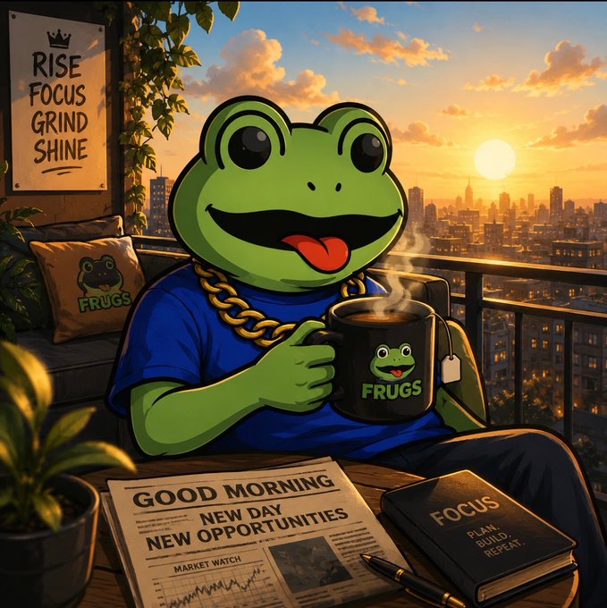 A cartoon frog character wearing a blue shirt and gold chain sits on a balcony at sunset holding a mug, next to a poster reading 'RISE FOCUS GRIND SHINE' and a newspaper headlined 'GOOD MORNING NEW DAY NEW OPPORTUNITIES'.