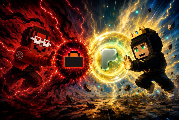 A vibrant digital artwork depicting two blocky, pixel-style characters—one in red amidst lightning, and one in black with a golden crown—confronting each other through clashing energy shields displaying a folder icon and a 'P' logo.