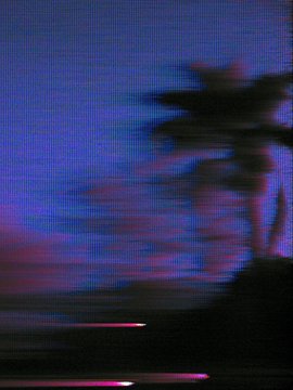 A glitchy, blurry photograph shows a palm tree silhouetted against a deep purple and pink twilight sky.