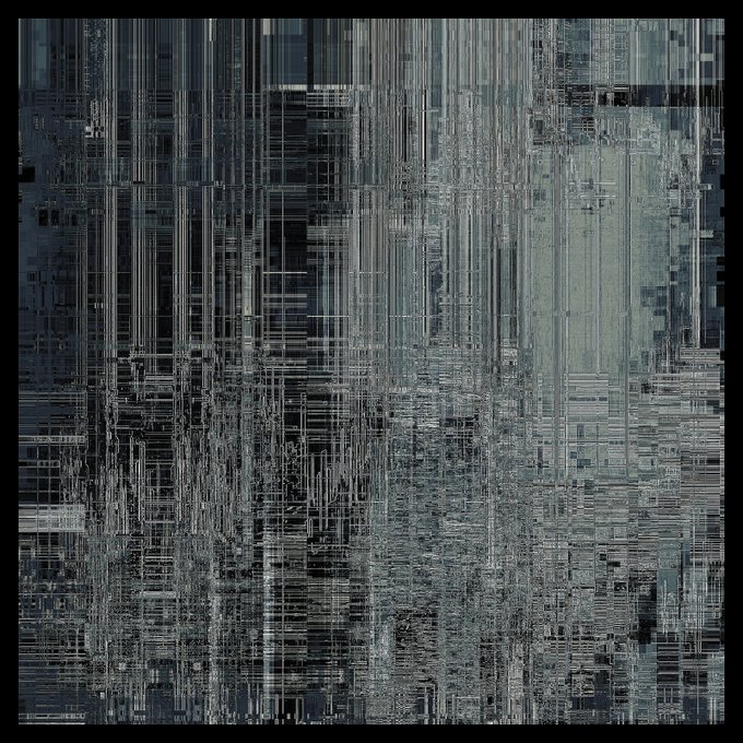 An abstract, glitch-art style image composed of fragmented vertical and horizontal lines in grayscale tones, resembling a distorted view of a city skyline or digital corruption.