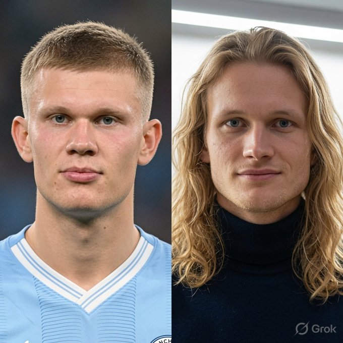 A side-by-side comparison showing footballer Erling Haaland (left, in Manchester City kit) and a long-haired man resembling him, generated with Grok.