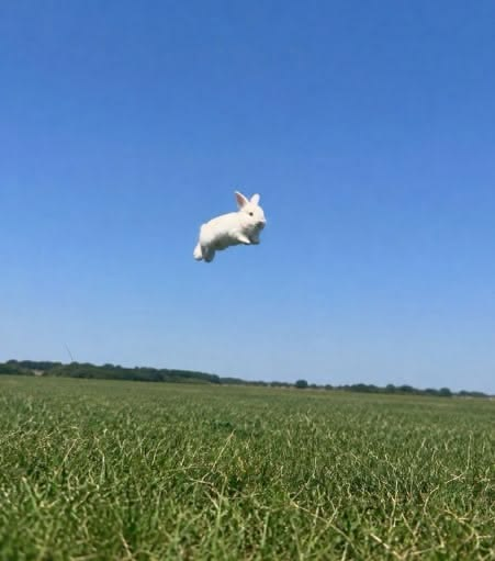 A white rabbit leaps high against a clear blue sky over a green field, symbolizing the "Magic Internet Money" (MIM) memecoin's leap from its early Bitcointalk origins into the broader crypto landscape. The airborne rabbit captures the energetic, meme-driven spirit of this pioneering altcoin created by Christopher Franko.