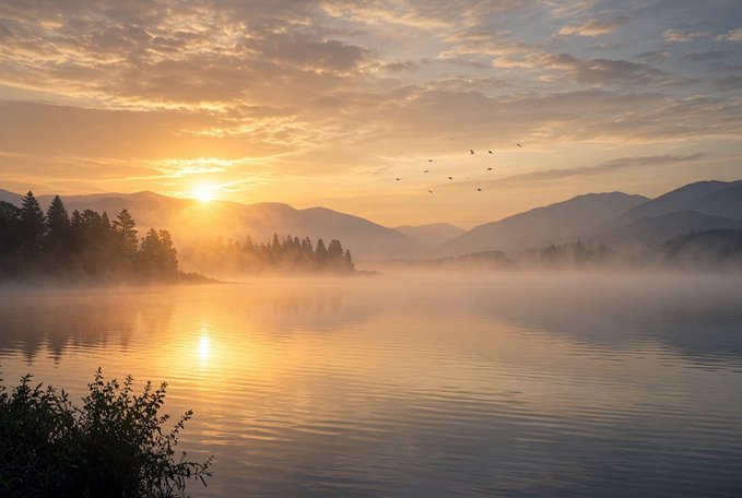 A serene landscape photograph of a misty lake at sunrise or sunset, with golden light reflecting on the calm water, silhouetted mountains in the background, and birds flying in the sky.