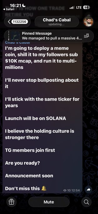 A Telegram message from Chad's Cabal announcing plans to deploy a meme coin on Solana, shill it to followers, build to a $10K mcap, and run it to multi-millions, emphasizing dedication to one ticker.