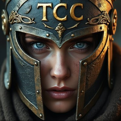 A close-up of a person wearing an ornate metallic helmet with 'TCC' engraved on the forehead plate, revealing striking blue eyes.