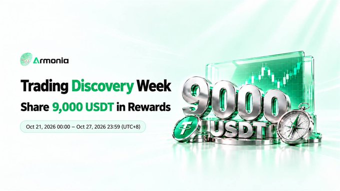 A promotional banner for Armonia's 'Trading Discovery Week' offering a share of 9,000 USDT in rewards, running from October 21 to October 27, 2026, featuring 3D graphics of stacked USDT tokens and a chart display.