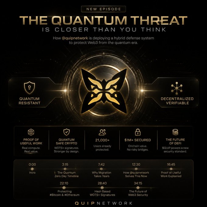 A promotional graphic for QuipNetwork's new episode titled 'The Quantum Threat is Closer Than You Think,' highlighting features like quantum resistance, decentralized verifiability, and proof of useful work.