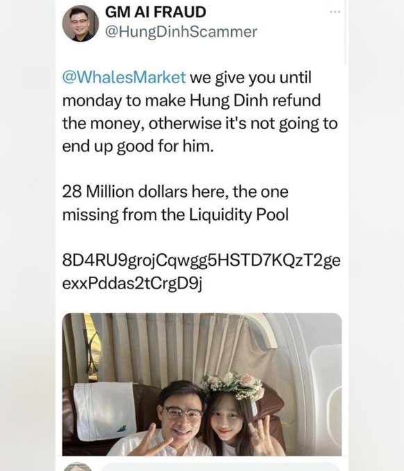 A tweet from 'GM AI FRAUD' (@HungDinhScammer) addressing @WhalesMarket demanding a refund of $28 million, containing a Solana address and a photo of two people making peace signs.
