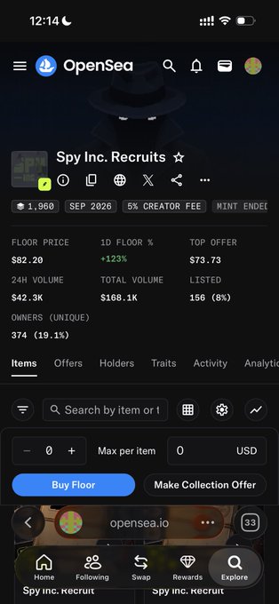 The image shows an OpenSea page for the "Spy Inc. Recruits" NFT collection with a floor price of $82.20, 24H volume of $42.3K, and 374 unique owners. The screenshot connects to the post's mention of "Spy Inc. Recruits" as the NFT that ran from a $15 mint price to $82, illustrating the type of opportunity the author missed during their two-day absence from X.