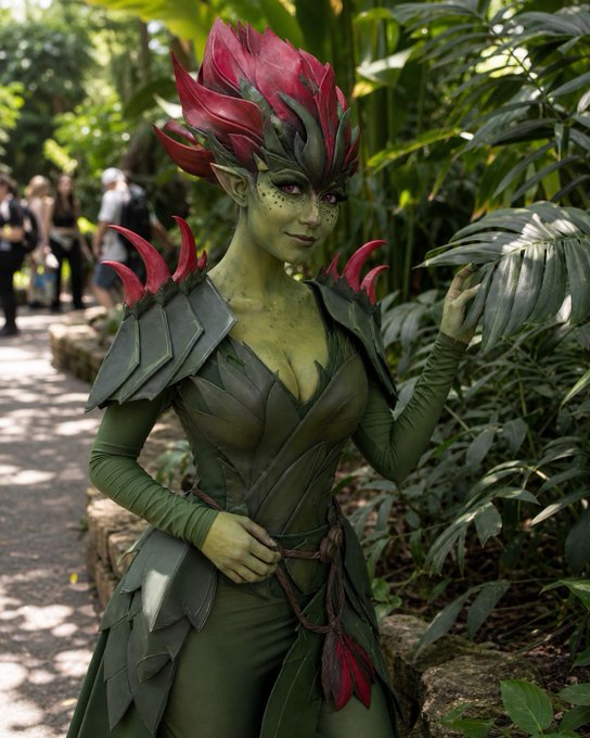A cosplay photo of a person dressed as a plant-like fantasy creature, featuring green skin, a dramatic red flower headdress, leaf-textured armor, and elaborate makeup, posed in a lush garden setting.