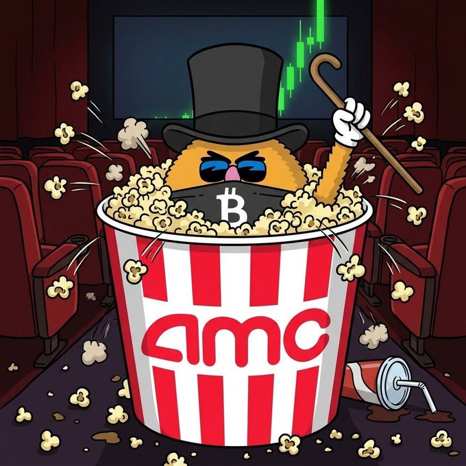 A cartoon illustration showing a furry character wearing a top hat and sunglasses inside an AMC popcorn bucket, holding a cane, set against a movie theater background with a green stock chart on the screen.