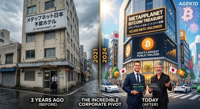 A split-screen comparison image showing '2021' on the left with a rundown building labeled 'METAPLANET, JP' and '2024' on the right showing a bustling modern scene labeled 'METAPLANET BITCOIN TREASURY' with '43,000 SBTC HOLDINGS' and 'ASIA'S LARGEST PUBLIC HOLDER', credited to 'AGEK1D' in the corner.