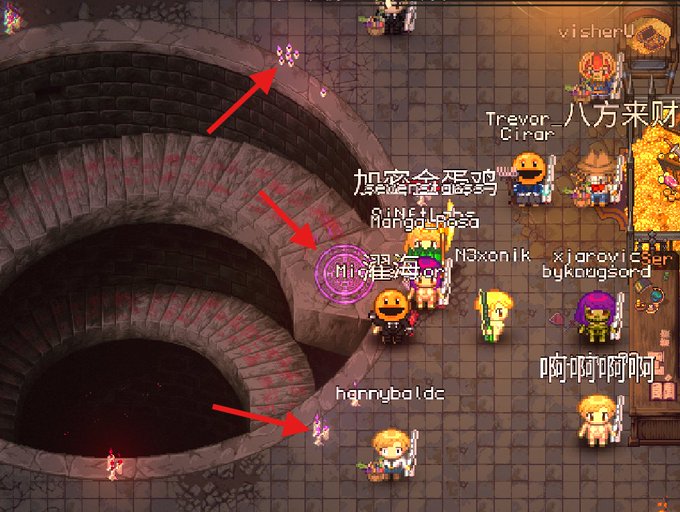 A screenshot from a pixel-art MMORPG game showing multiple player characters with usernames like 'Trevor' and 'hgnnybaldc' near a spiral stone staircase, with red arrows pointing to crystal objects.